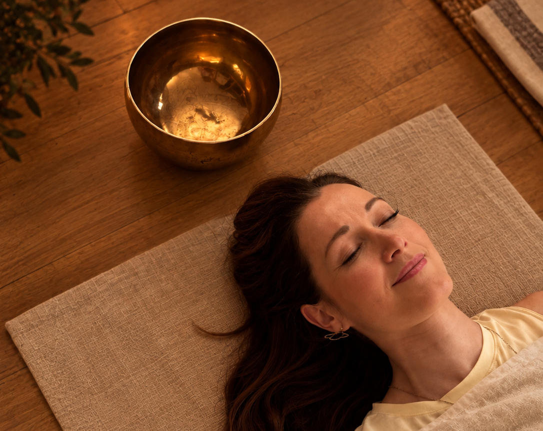 Hands playing a Tibetan singing bowl during an energy cleansing session