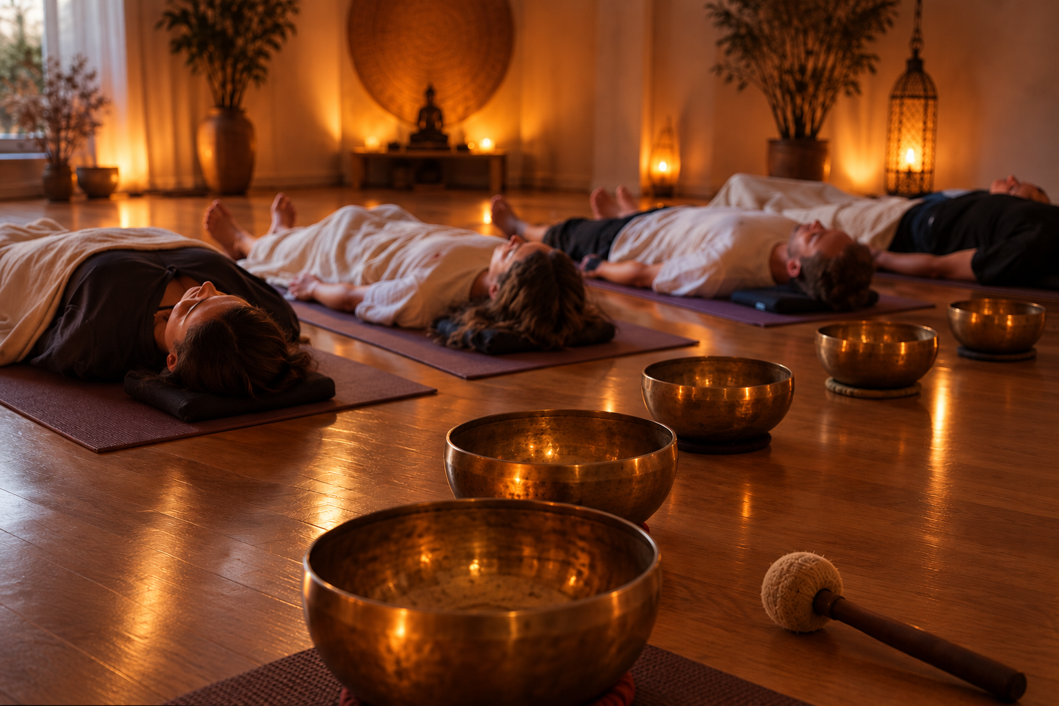 Small group lying down during a collective sound bath